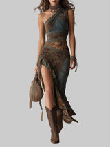 Dobrila - Asymmetrical Maxi Dress with Ethnic Pattern