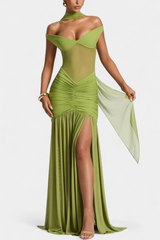 Milica Deep V-Neck Milk Silk Maxi Dress with Pleated Detailing