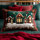 Snowy Village at Night Quilted Cushion Cover
