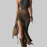 Dobrila - Asymmetrical Maxi Dress with Ethnic Pattern