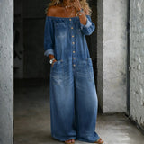 Denim off-the-shoulder jumpsuit | Bright