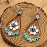 Boho ασημένια σκουλαρίκια με λουλούδια και τυρκουάζ