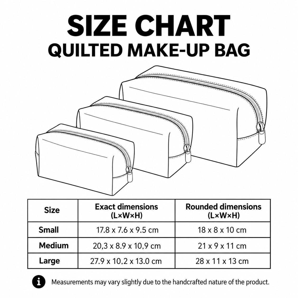 Quilted make-up bag size chart – UK English