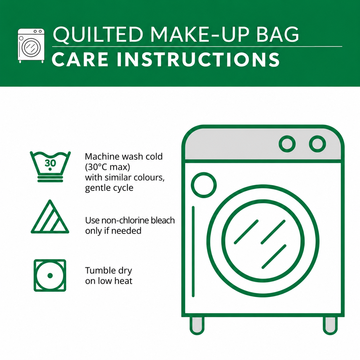 Quilted make-up bag care instructions – UK English