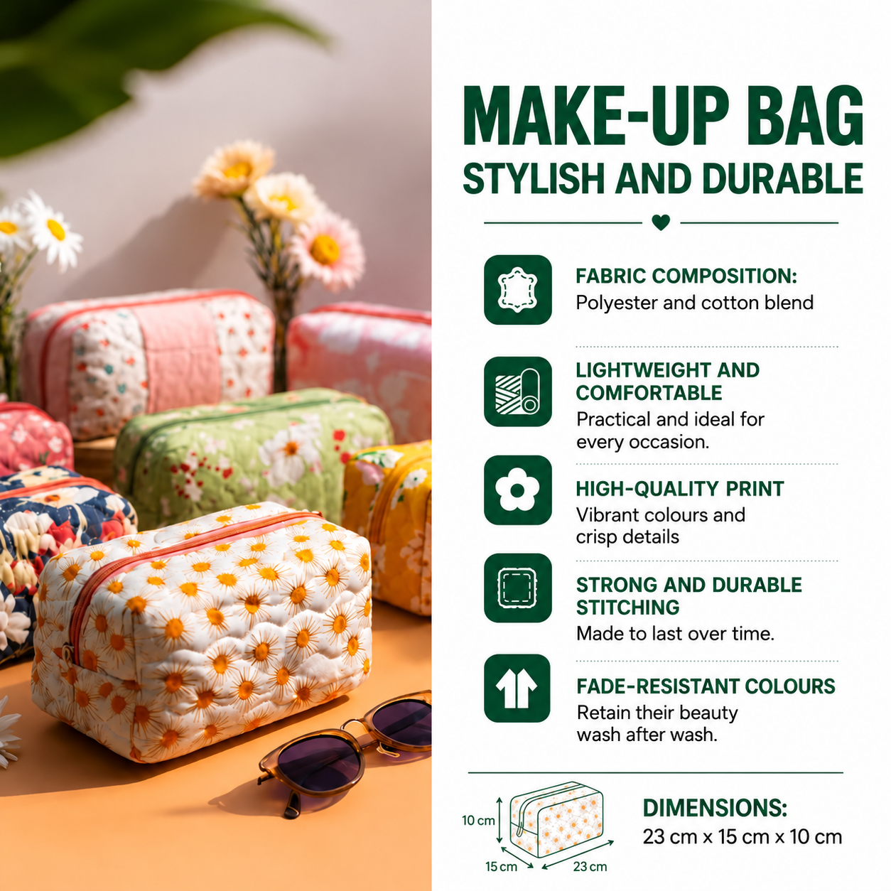 Quilted make-up bag features and dimensions – UK English