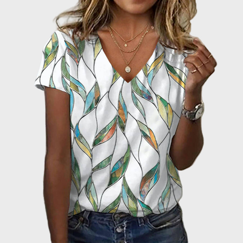 Celia White Wave Print V-Neck Blouse
