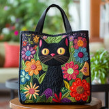 Helena Playful Black Cat & Flowers Quilted Tote Bag