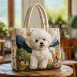 Sienna White Puppy in a Flower Meadow Quilted Tote Bag