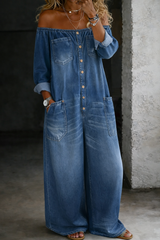 Denim off-the-shoulder jumpsuit | Bright