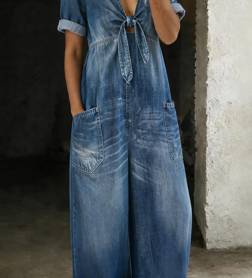 Thea Short-Sleeve V-Neck Denim Dress