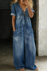 Denim dress with short sleeves and V-neck | Thekla