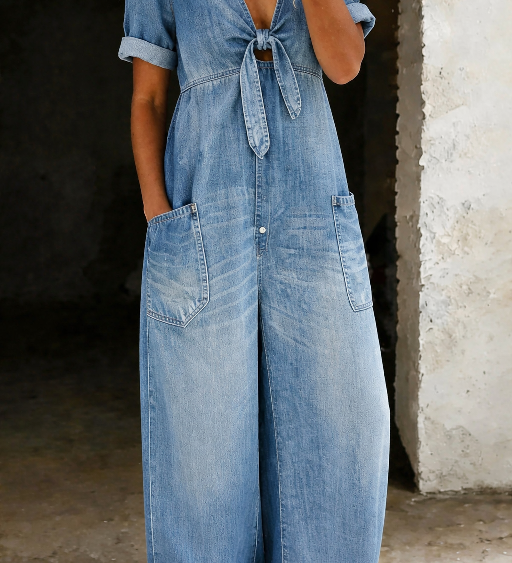 Thea Short-Sleeve V-Neck Denim Dress