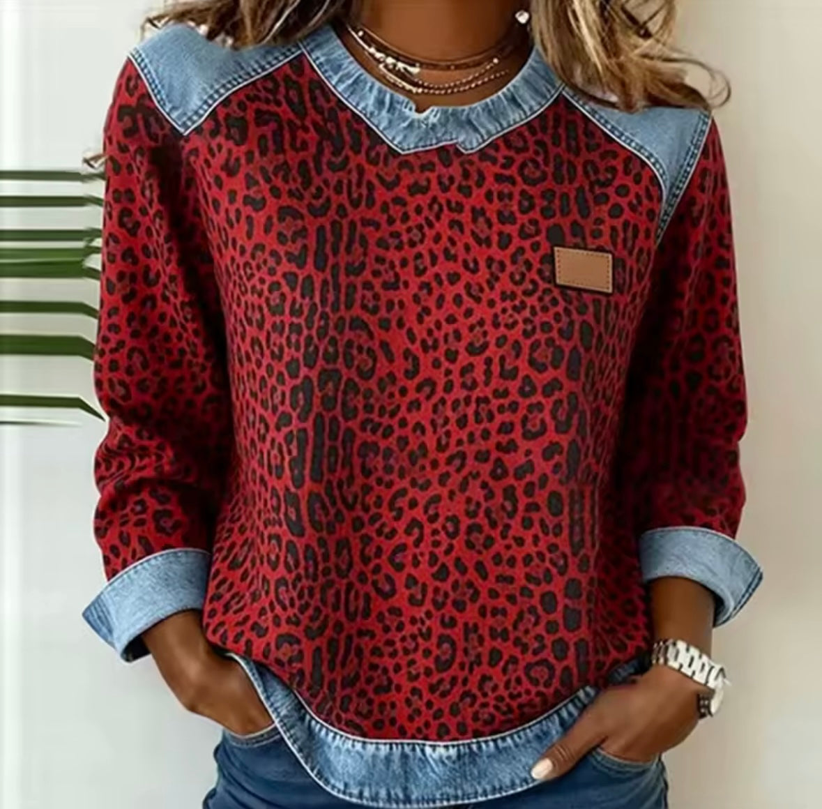 Hollyn Leopard Print Denim-Trim Top