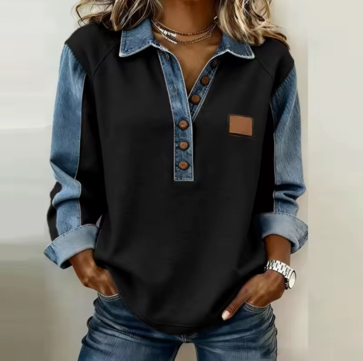 Voxanne Denim-Effect Collared Top