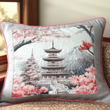 Japanese Pagoda & Flowers Quilted Cushion Cover