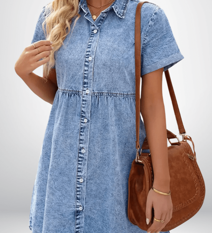 Eve Polka Dot Trim Denim Dress
