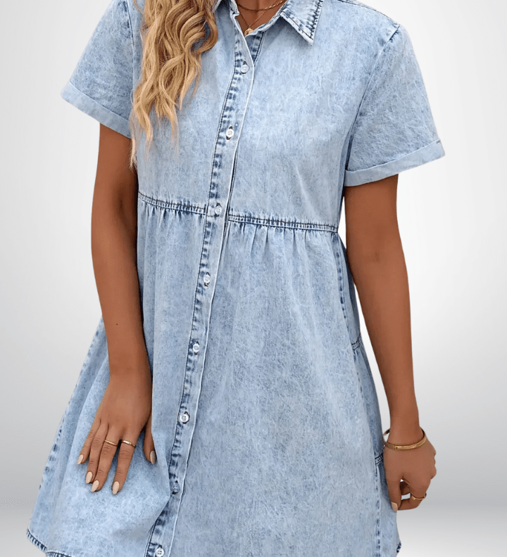 Eve Polka Dot Trim Denim Dress