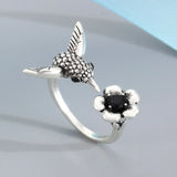 Hummingbird & Flower Adjustable Open Ring