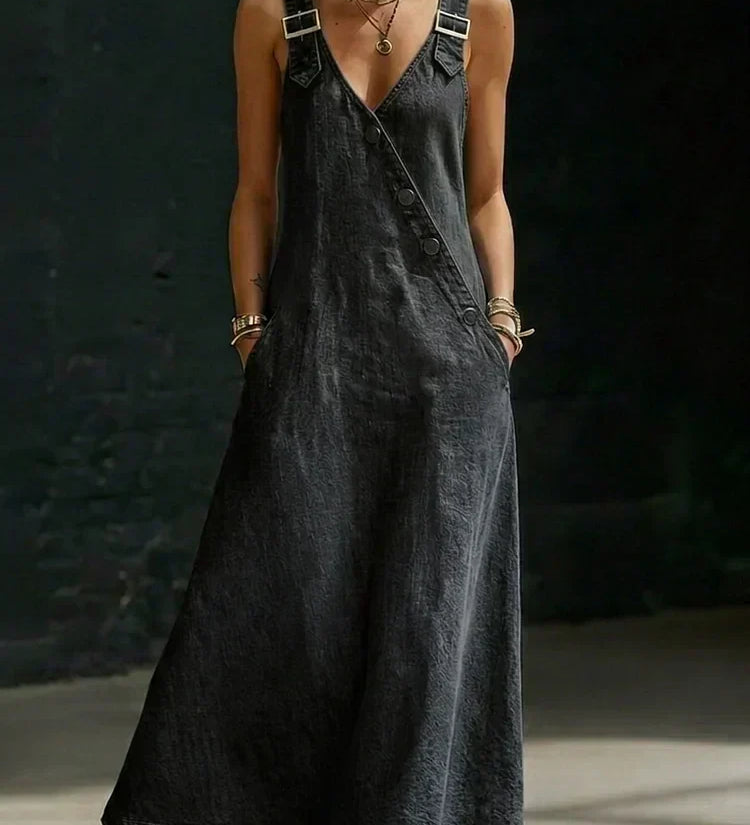 Lena Long Button-Front Denim Dress