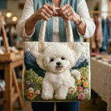 Sienna White Puppy in a Flower Meadow Quilted Tote Bag