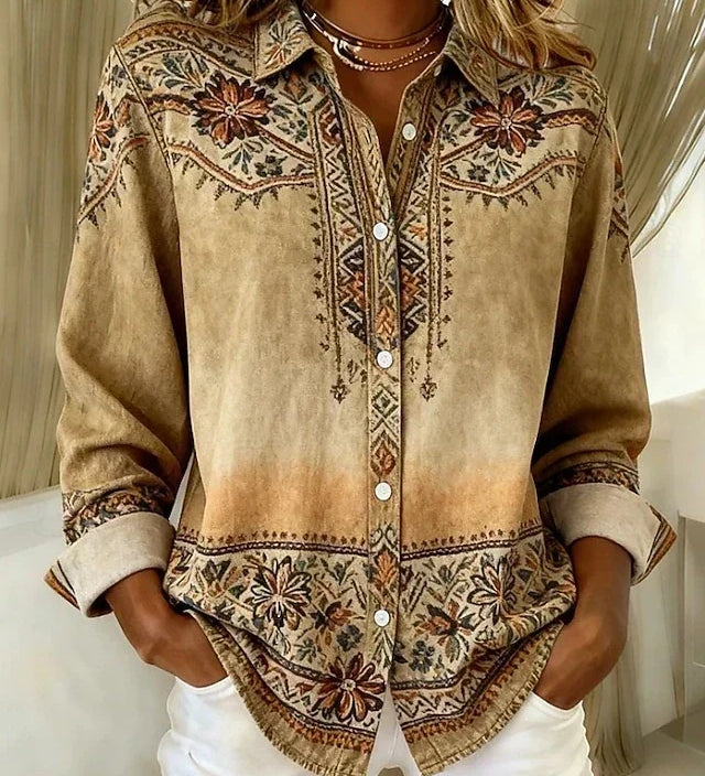 Khaki floral and geometric patterned shirt | Anne London