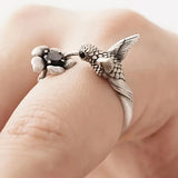 Hummingbird & Flower Adjustable Open Ring