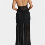 Milica Deep V-Neck Milk Silk Maxi Dress with Pleated Detailing