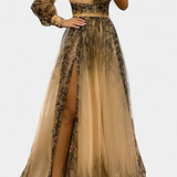 Natalija Chiffon Maxi Dress with an Off-the-Shoulder Neckline and Voluminous Rose