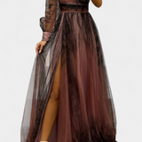 Natalija Chiffon Maxi Dress with an Off-the-Shoulder Neckline and Voluminous Rose