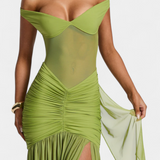Milica Deep V-Neck Milk Silk Maxi Dress with Pleated Detailing