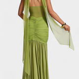 Milica Deep V-Neck Milk Silk Maxi Dress with Pleated Detailing