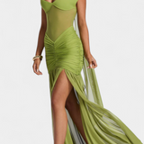 Milica Deep V-Neck Milk Silk Maxi Dress with Pleated Detailing