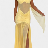 Milica Deep V-Neck Milk Silk Maxi Dress with Pleated Detailing