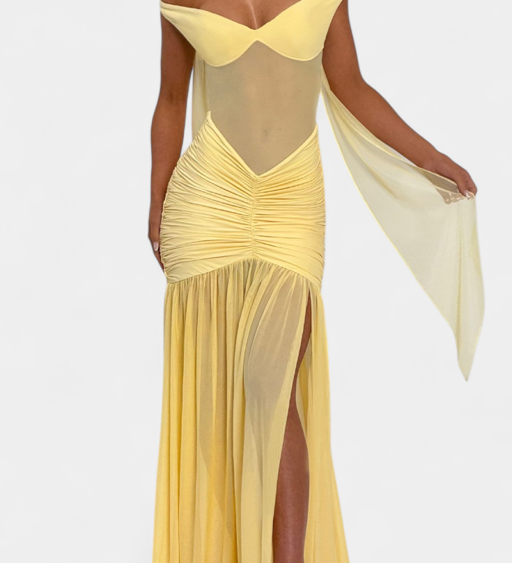 Millie Long Silky Deep-Neck Ruched Dress