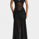 Milica Deep V-Neck Milk Silk Maxi Dress with Pleated Detailing