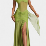 Milica Deep V-Neck Milk Silk Maxi Dress with Pleated Detailing
