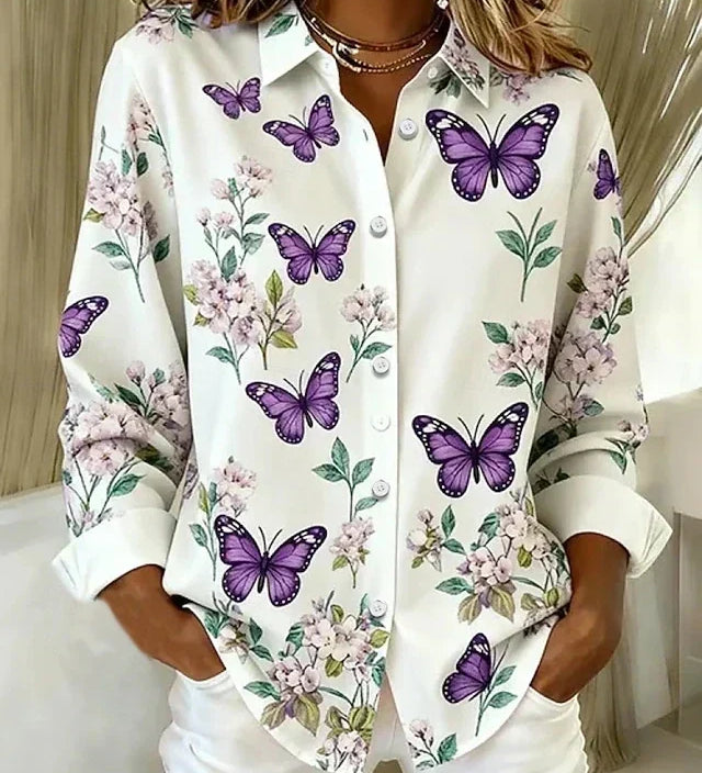 Butterfly and floral print button-up blouse | Anne London