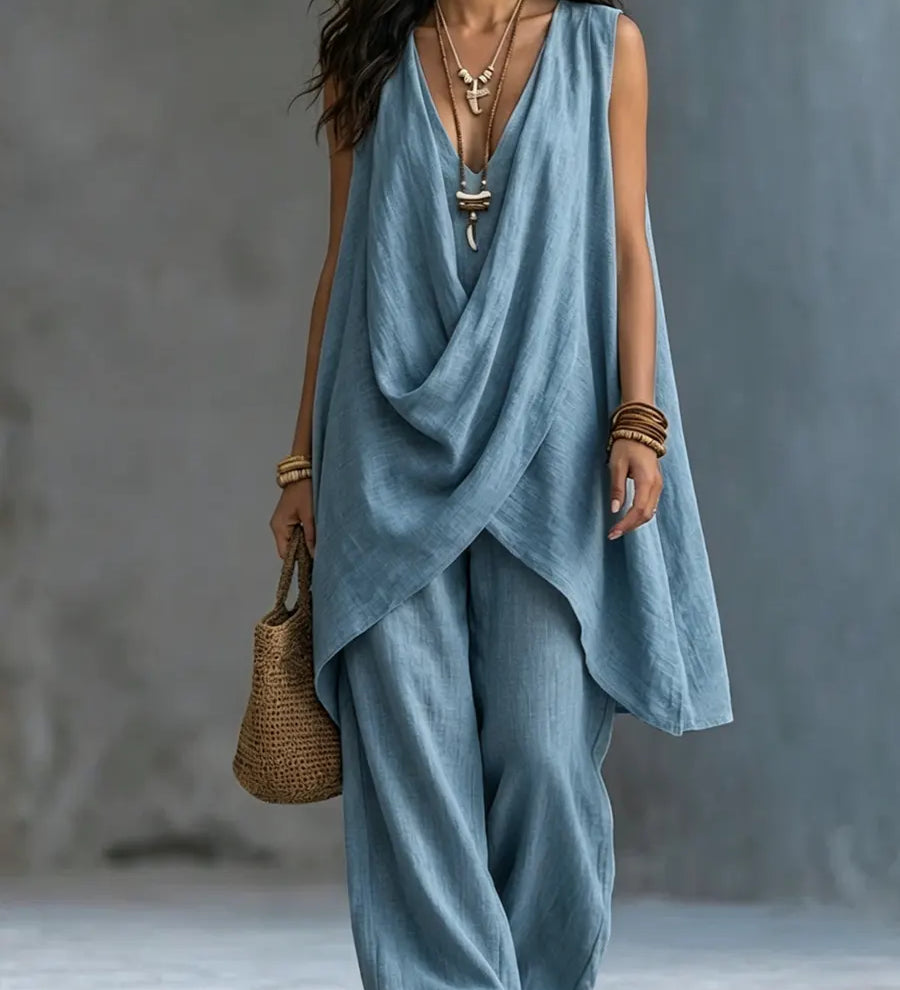 Γυναικείο boho σετ από βαμβάκι και λινό σε χαλαρή γραμμή