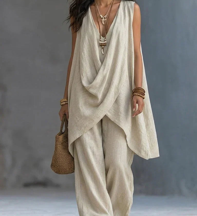Γυναικείο boho σετ από βαμβάκι και λινό σε χαλαρή γραμμή