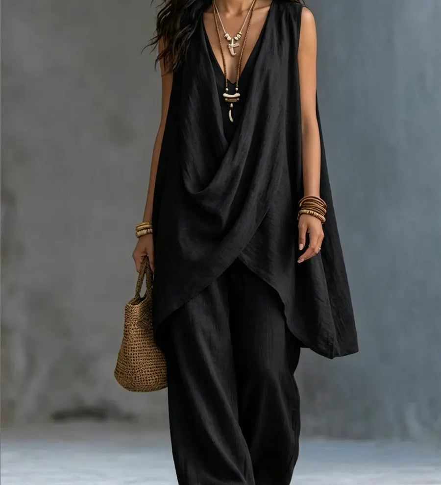 Γυναικείο boho σετ από βαμβάκι και λινό σε χαλαρή γραμμή