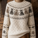Women's Vintage Cat Yoke Isle Pattern Print Comfortable Crew Neck Pullovers