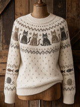 Women's Vintage Cat Yoke Isle Pattern Print Comfortable Crew Neck Pullovers