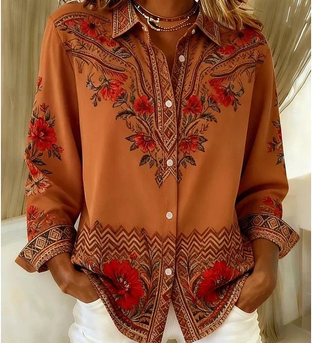 Terracotta floral and paisley long-sleeve button-up shirt | Anne London